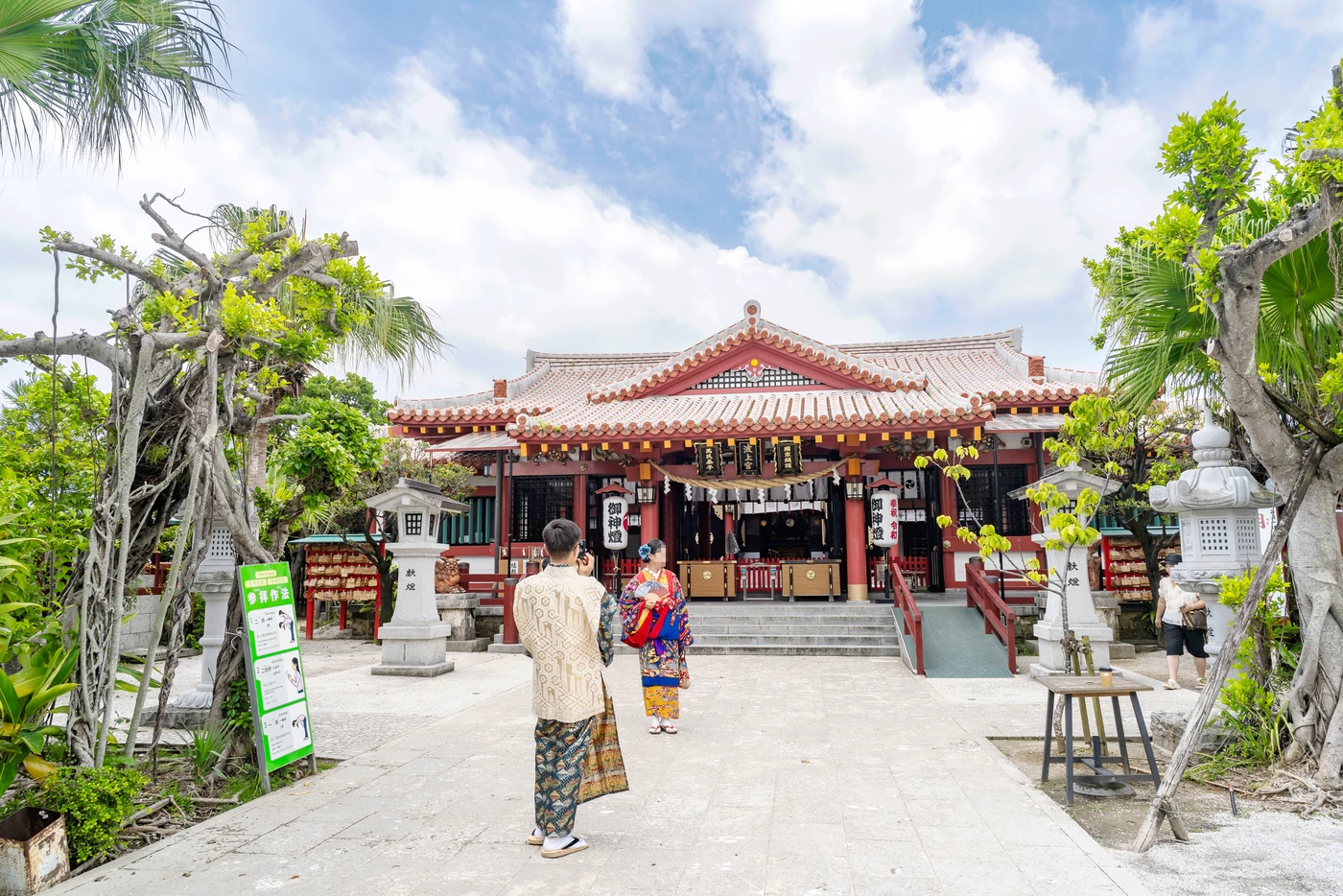 Tourists wearing traditional kimonos at Naminoue Shrine in Okinawa in July.