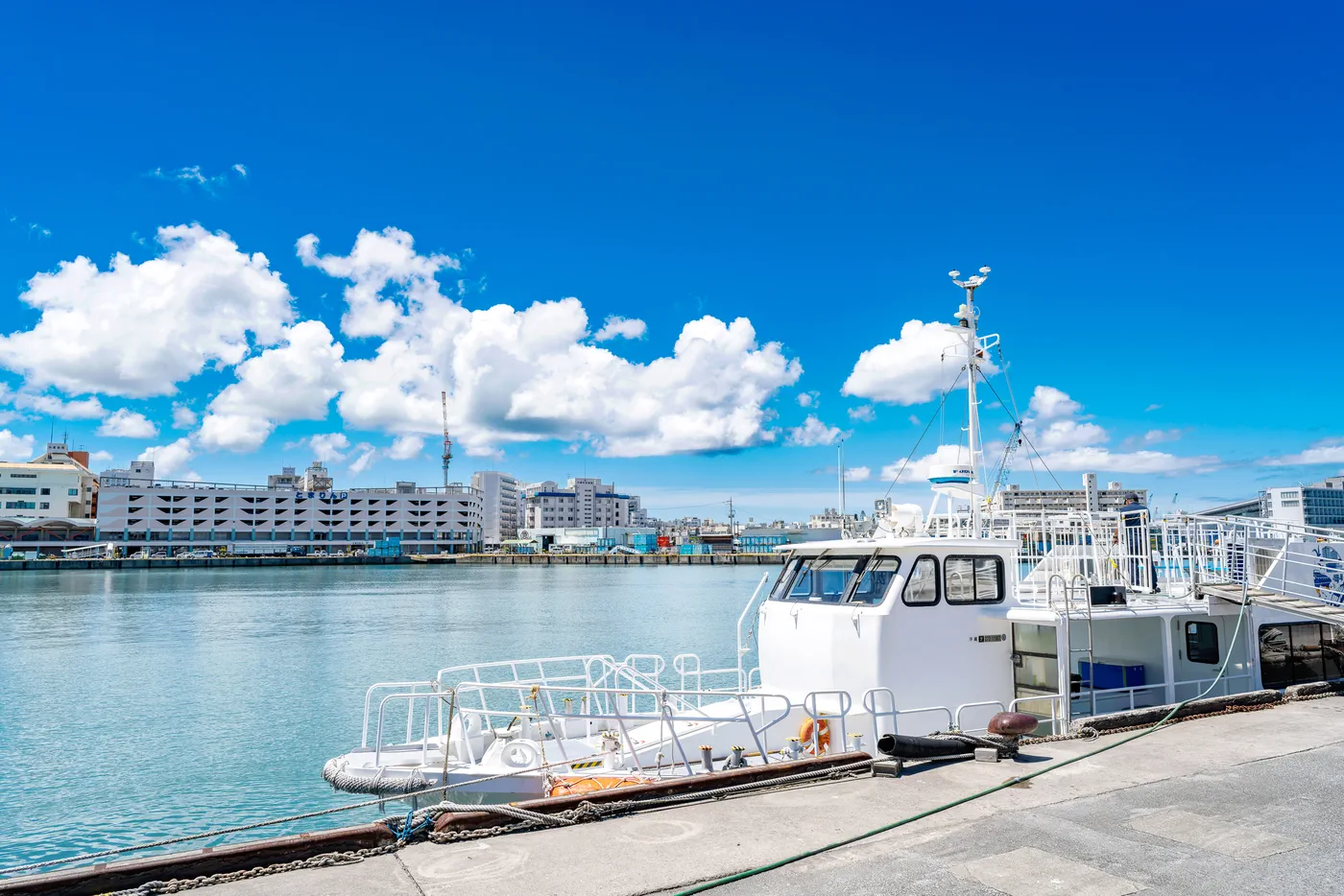 The weather in Okinawa on 27th August 2025: A ferry docked at Tomari Port.