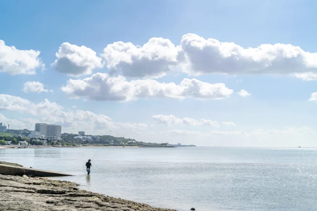오후 비세자키에서 낚시를 하는 사람