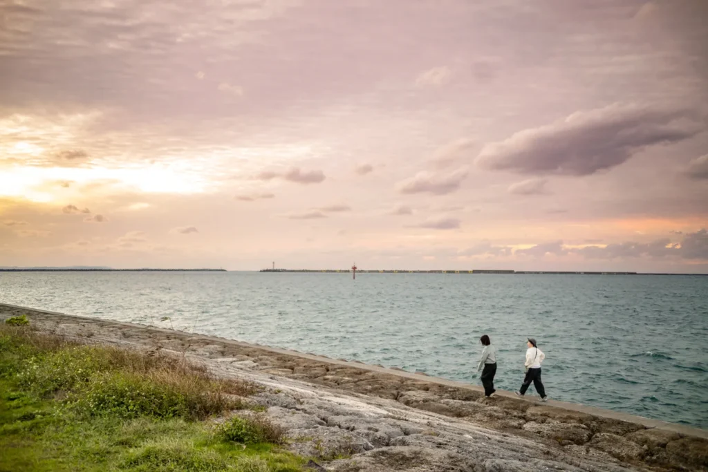 노을녁 해변 산책을 즐기는 사람들