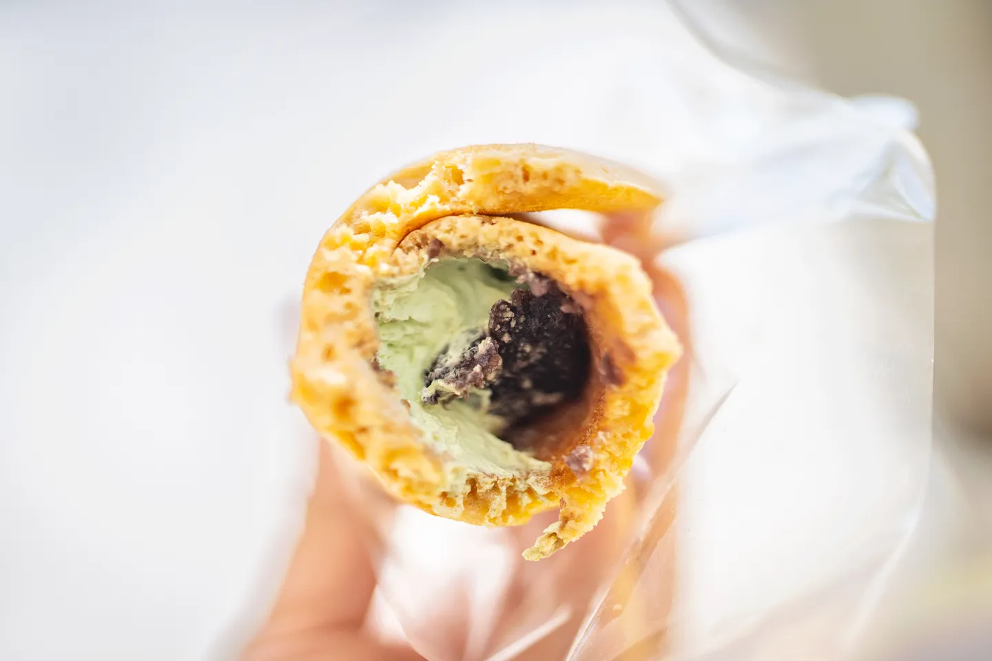 A bite of matcha roll